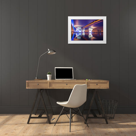 Al Garhoud Bridge-Night White Modern Wood Framed Art Print by Work, Robert