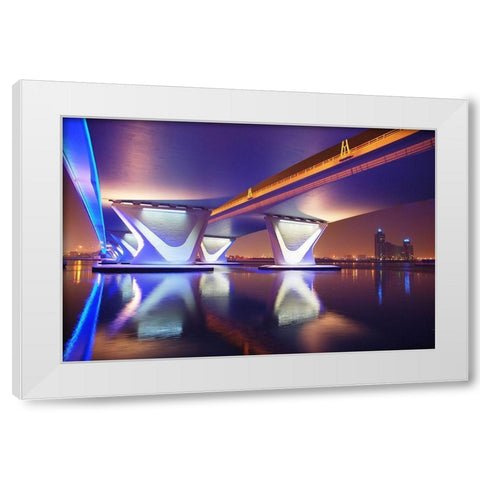 Al Garhoud Bridge-Night White Modern Wood Framed Art Print by Work, Robert