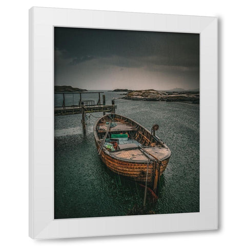 Old Fishingboat in the Rain White Modern Wood Framed Art Print by Larsson, Dan