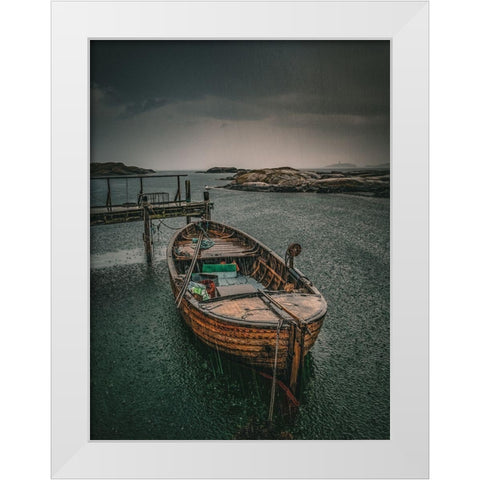Old Fishingboat in the Rain White Modern Wood Framed Art Print by Larsson, Dan