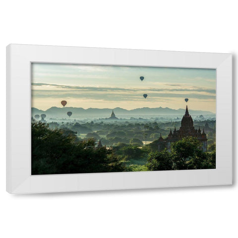 Balloons on Temples White Modern Wood Framed Art Print by Suharini, Mieke