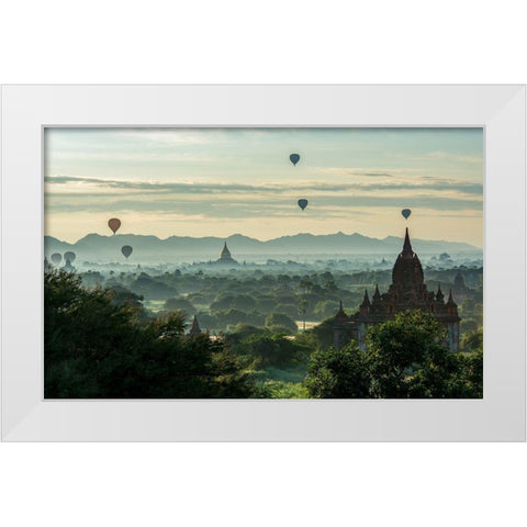 Balloons on Temples White Modern Wood Framed Art Print by Suharini, Mieke