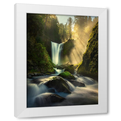Misty Creek Falls Creek White Modern Wood Framed Art Print by P, Ruiqing