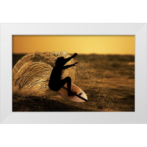 Surfer at sunset White Modern Wood Framed Art Print by Yuval