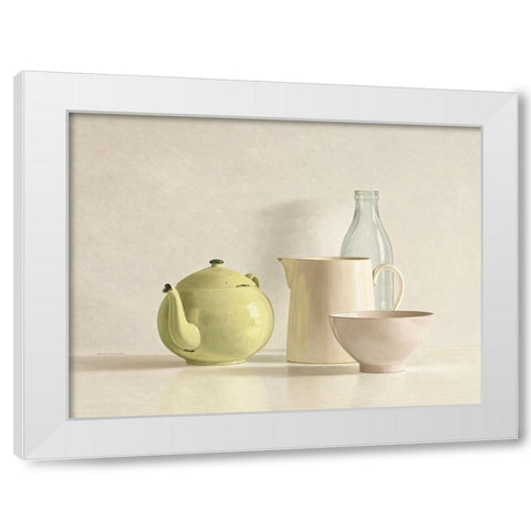 Yellow Teapot-Bottle-Bowl and Jug White Modern Wood Framed Art Print by de Bont, Willem