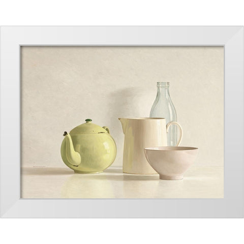 Yellow Teapot-Bottle-Bowl and Jug White Modern Wood Framed Art Print by de Bont, Willem