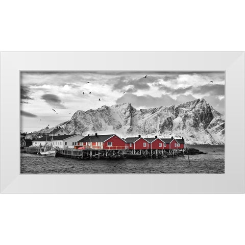 Lofoten Nahe Reine mit roten Hutten White Modern Wood Framed Art Print by Fischer, Rolf