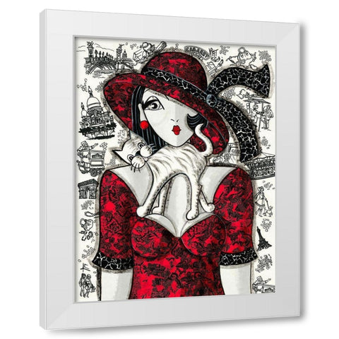 Chat sur robe rouge White Modern Wood Framed Art Print by MIROTA