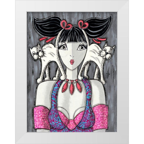 Deux chats-trois poissons White Modern Wood Framed Art Print by MIROTA