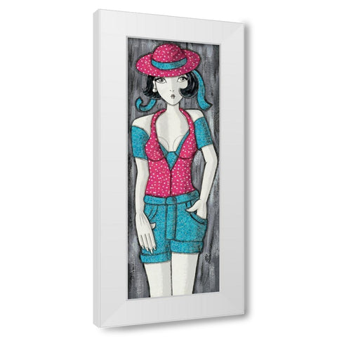 Short bleu chapeau rose White Modern Wood Framed Art Print by MIROTA
