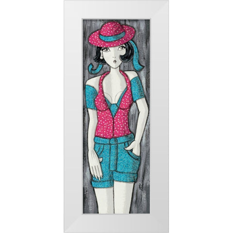 Short bleu chapeau rose White Modern Wood Framed Art Print by MIROTA