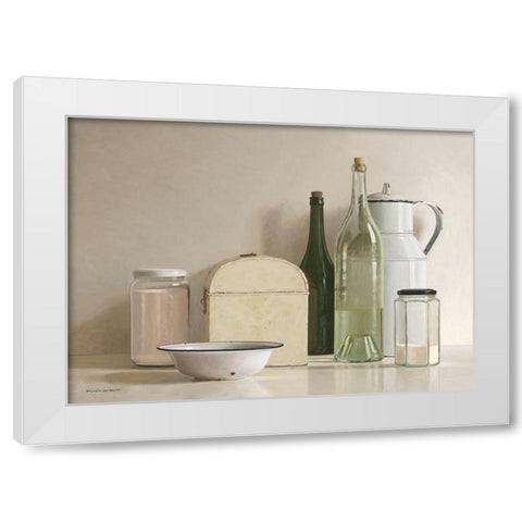 2 jars-2 bottles-jug-tin box and bowl White Modern Wood Framed Art Print by de Bont, Willem