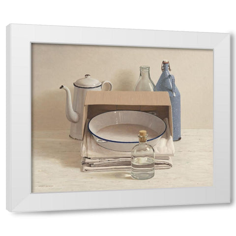 Still life behind box with cloths and pa White Modern Wood Framed Art Print by de Bont, Willem