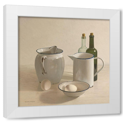 2 jugs-2 bottles-2 eggs and a bowl White Modern Wood Framed Art Print by de Bont, Willem