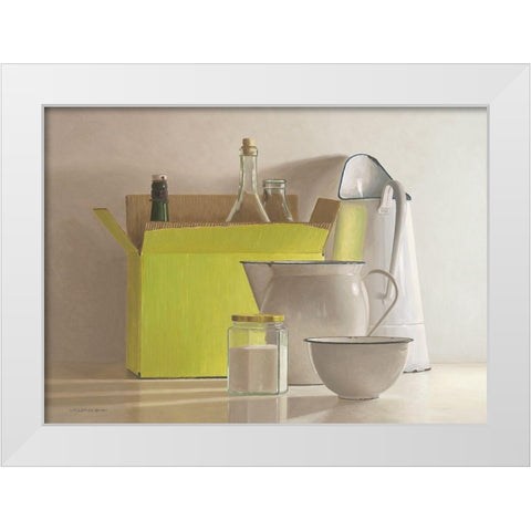 Still life with yellow box-bottles and  White Modern Wood Framed Art Print by de Bont, Willem